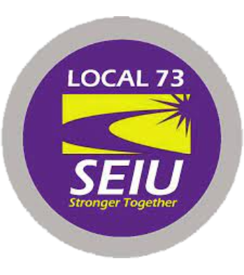 purple circle on gray background with yellow words "Local 73 SEIU Stronger Together"